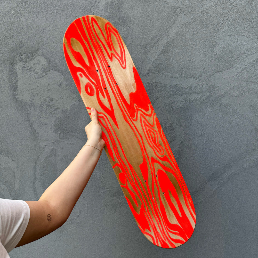 Hand Painted Skate Deck | Homeware, Skate Art, Wall Art | SKATEBOARD V1 by Hun Sauce, Made to order wooden skateboard deck in neon pink