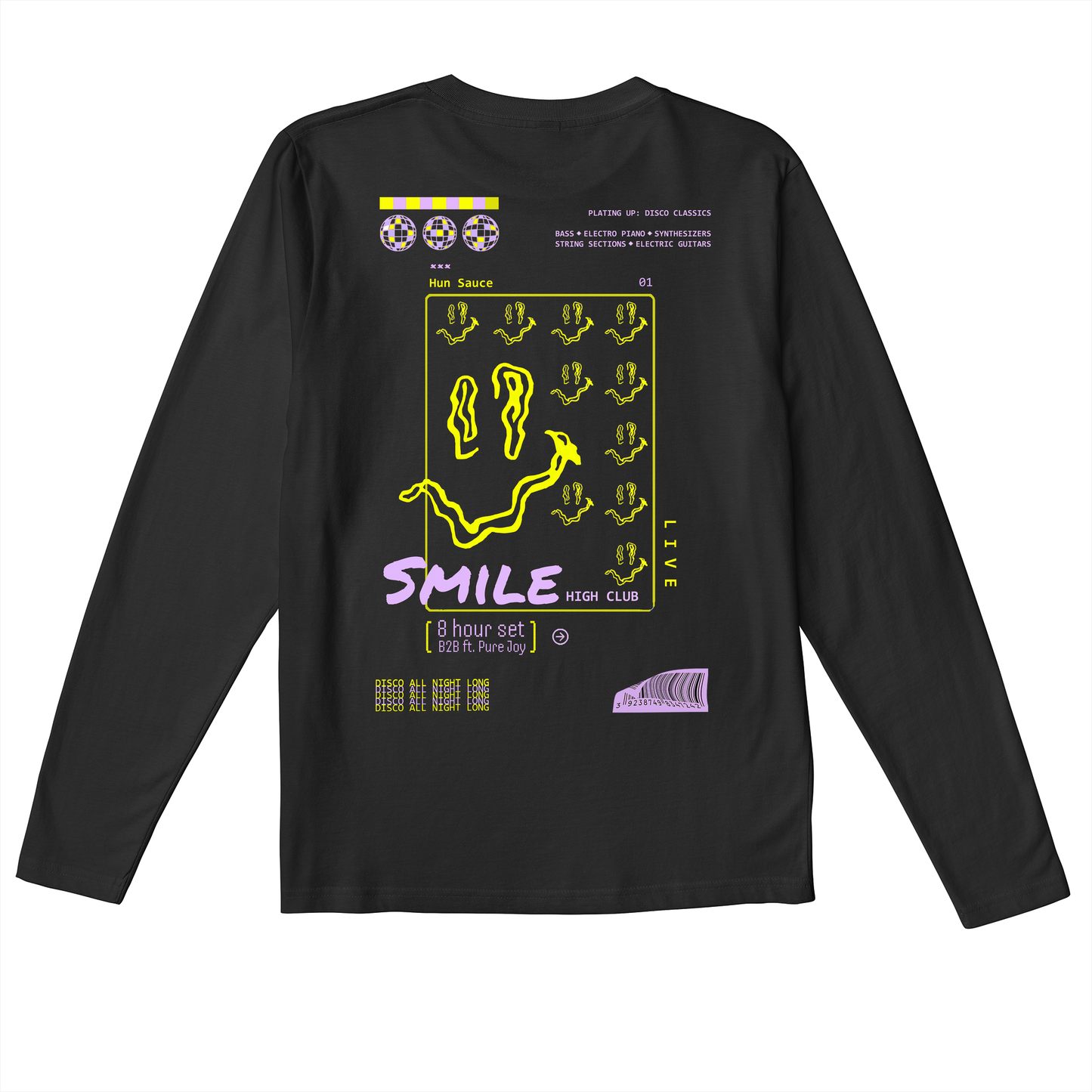 SMILE HIGH CLUB Black Long Sleeve T-Shirt - Hun Sauce - smiley disco rave poster, for house music, techno and disco. One for the dancefloor and Rave Wardrobe
