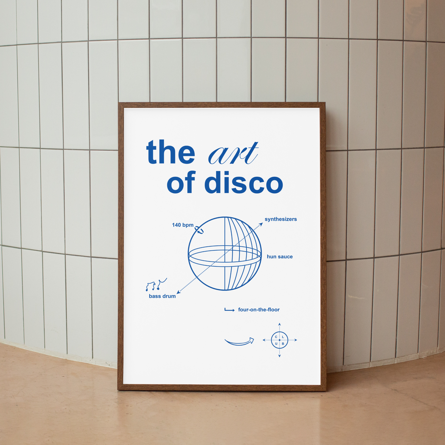 ART OF DISCO Art Print By Hun Sauce. Poster highlighting the anatomy of a disco. Featuring a bold graphic breakdown of the key components that built disco—basslines, bpm and chaos. Designed for the heads who know their four-on-the-floor from their funk section. Portrait poster art print, using 12 colour giclée process.