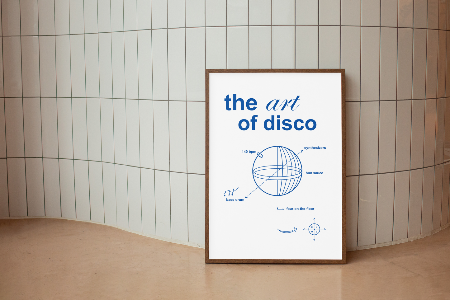 ART OF DISCO Art Print By Hun Sauce. Poster highlighting the anatomy of a disco. Featuring a bold graphic breakdown of the key components that built disco—basslines, bpm and chaos. Designed for the heads who know their four-on-the-floor from their funk section. Portrait poster art print, using 12 colour giclée process.