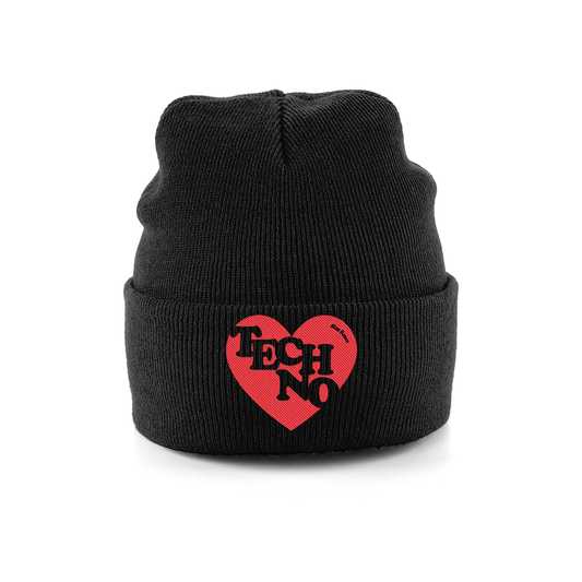 TECHNO HEART Black Embroidery Beanie, Techno Rave Festival Hat by Hun Sauce