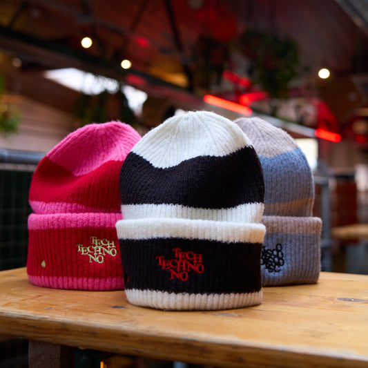 TECHNO HEART Beanie, Rave, Festival Cosy Unisex Hat, by Hun Sauce. Now stocked at All My Friends Record Store, Hackney Wick.