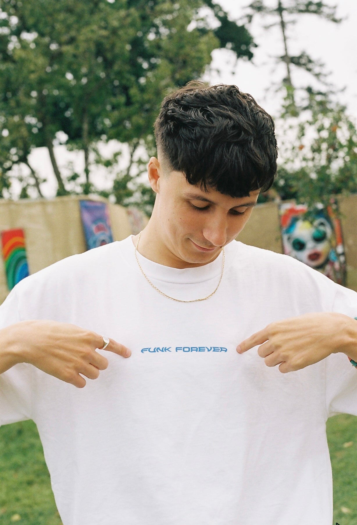 DJ SHEE in Hun Sauce, Custom made merch for his latest EP Funk Forever. Heavyweight white T-Shirt, Ireland, Disco, Guinness.