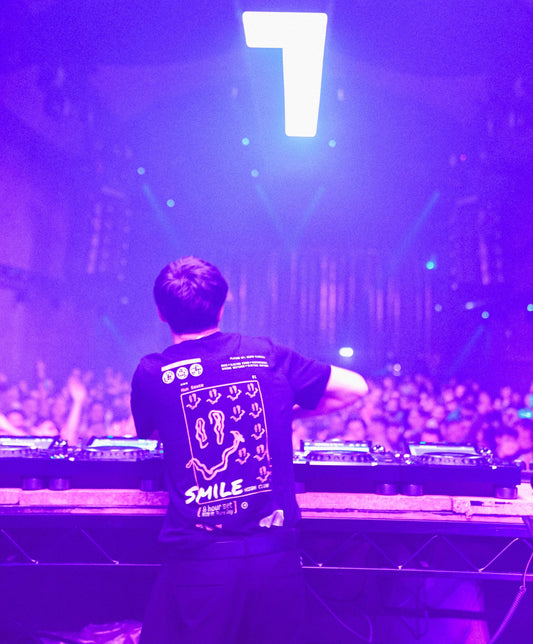 DJ SHEE at Warehouse Project, Manchester wearing SMILE HIGH CLUB Black T-Shirt - Hun Sauce - WHP