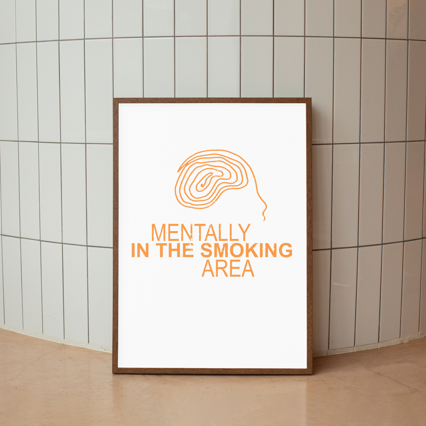 SMOKING AREA Poster Art Print By Hun Sauce, Poster for the outside people, making friends. Features bold orange graphics and a hand-drawn doodle head. Portrait poster art print, using 12 colour giclée process.