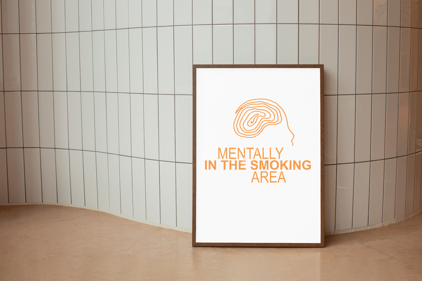 SMOKING AREA Poster Art Print By Hun Sauce, Poster for the outside people, making friends. Features bold orange graphics and a hand-drawn doodle head. Portrait poster art print, using 12 colour giclée process.