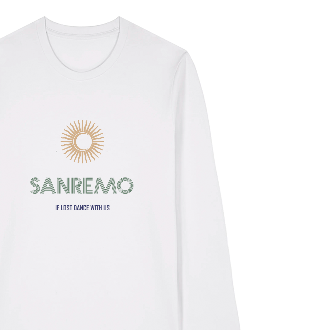 SANREMO Long Sleeve T-Shirt - Hun Sauce. Retro graphic t-shirt in white, close up