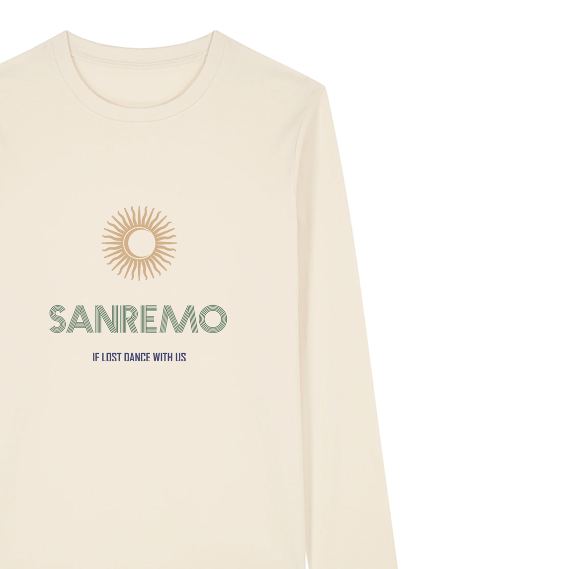 SANREMO Long Sleeve T-Shirt - Hun Sauce. Retro graphic t-shirt in cream, close up