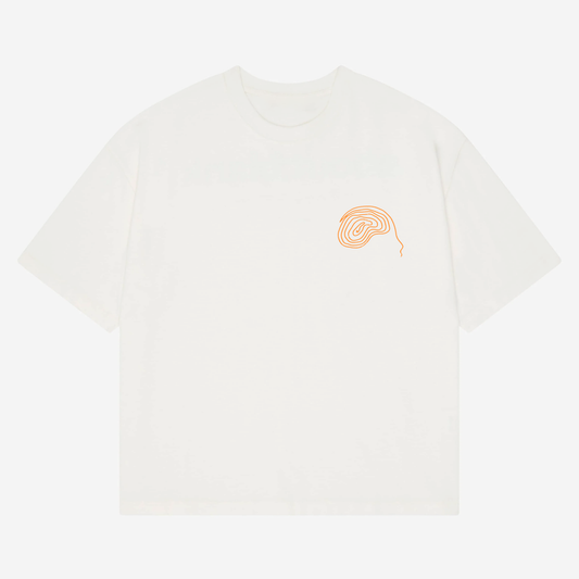 SMOKING AREA Heavyweight T-Shirt, A heavyweight white tee for the outside people making friends. Features bold orange graphics and a hand-drawn doodle head. Oversized fit, made for low lighting, loud music and deep chats.
