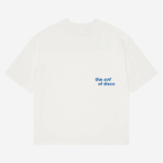 ART OF DISCO Heavyweight T-Shirt - A heavyweight white tee highlighting the anatomy of a disco. Featuring a bold graphic breakdown of the key components that built disco, basslines, bpm and chaos. Designed for the heads who know their four-on-the-floor from their funk section.