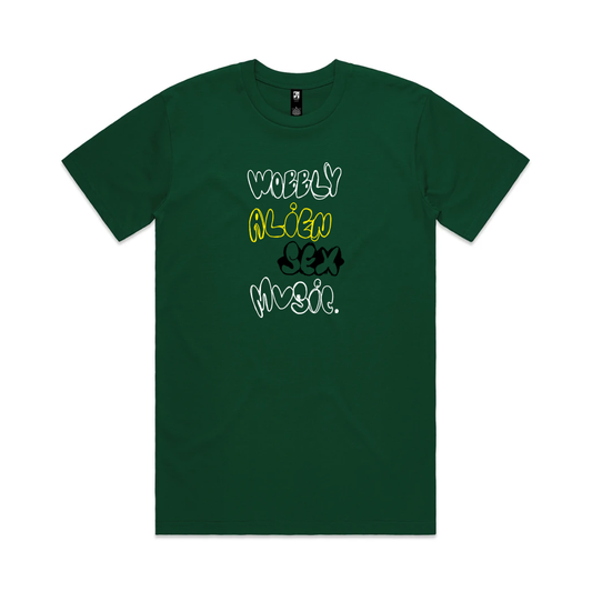 WOBBLY ALIEN SEX MUSIC T-Shirt born after attending Houghton Festival. UK Streetwear for techno and house fans. By Illustrator Hun Sauce