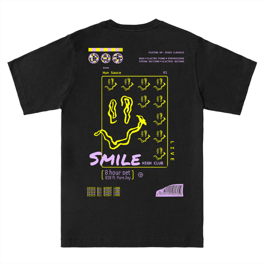 SMILE HIGH CLUB Black T-Shirt - Hun Sauce  - smiley disco rave poster, for house music, techno and disco. One for the dancefloor and Rave Wardrobe