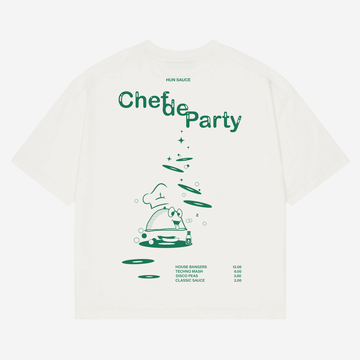 CHEF DE PARTY Heavyweight T-Shirt, Hun Sauce. a heavyweight white T-shirt featuring fresh green graphics, complete with a vinyl-stacked kitchen scene and rave-ready setlist menu. This one's for DJs, selectors and chefs of course.