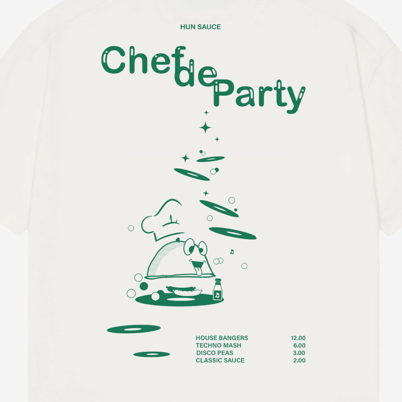 CHEF DE PARTY Heavyweight T-Shirt, Hun Sauce. a heavyweight white T-shirt featuring fresh green graphics, complete with a vinyl-stacked kitchen scene and rave-ready setlist menu. This one's for DJs, selectors and chefs of course.