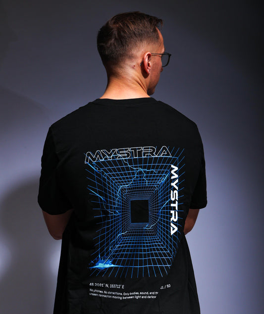 MYSTRA Exclusive T-Shirt, custom merch for a music event, by illustrator Hun Sauce. London music event, music merch.
