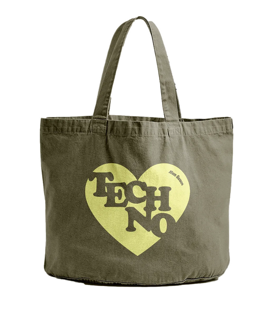 Olive TECHNO HEART Tote Bag, Shopper Tote Bag For Vinyls by Hun Sauce. Streetwear. 100% recycled cotton. Kinder to the planet.