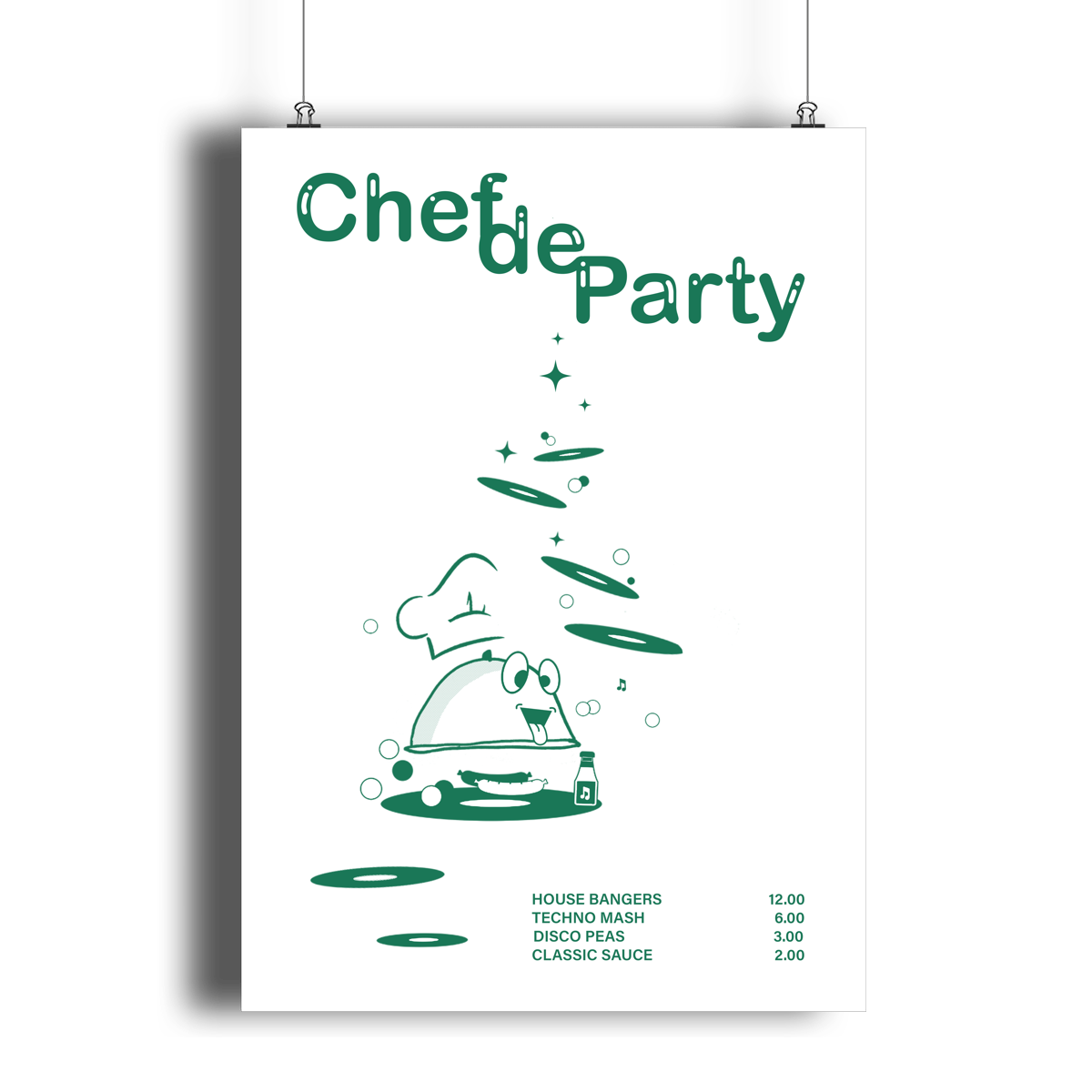 CHEF DE PARTY Poster Art Print By Illustrator Hun Sauce. Featuring fresh green graphics, complete with a vinyl-stacked kitchen scene and rave-ready setlist menu. This one's for DJs, selectors and chefs of course. Home Decor.