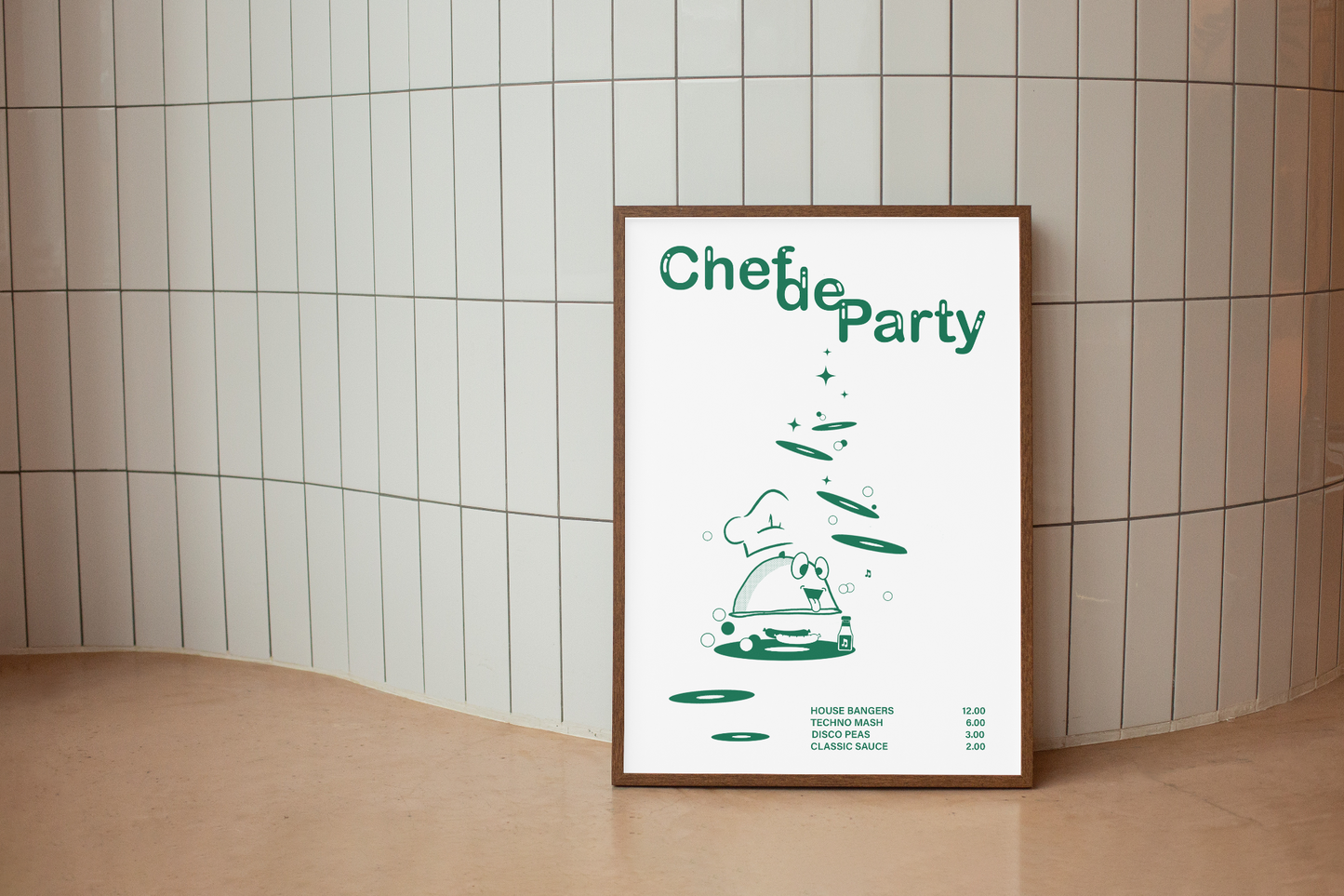CHEF DE PARTY Poster Art Print By Illustrator Hun Sauce. Featuring fresh green graphics, complete with a vinyl-stacked kitchen scene and rave-ready setlist menu. This one's for DJs, selectors and chefs of course. Home Decor.