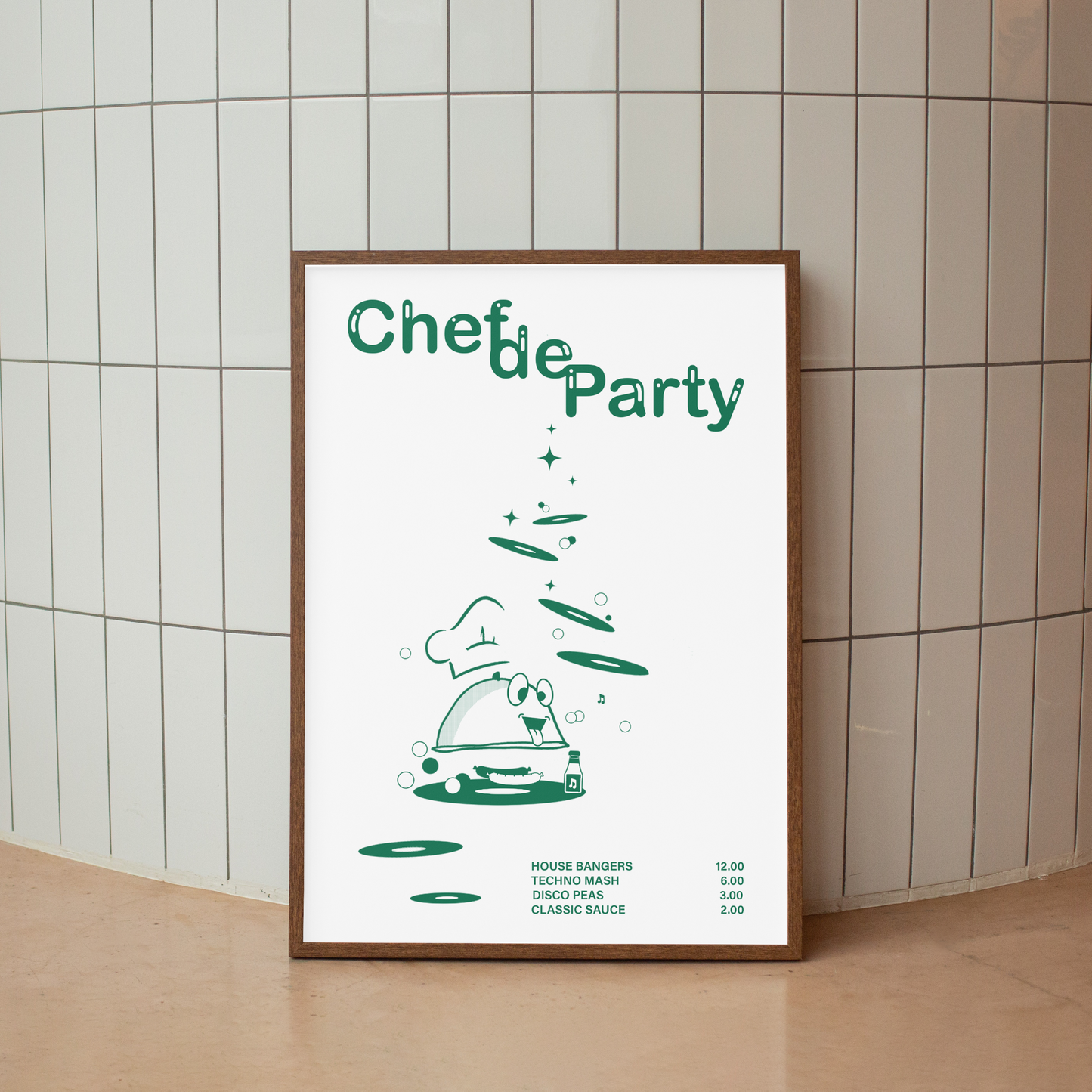 CHEF DE PARTY Poster Art Print By Illustrator Hun Sauce. Featuring fresh green graphics, complete with a vinyl-stacked kitchen scene and rave-ready setlist menu. This one's for DJs, selectors and chefs of course. Home Decor.