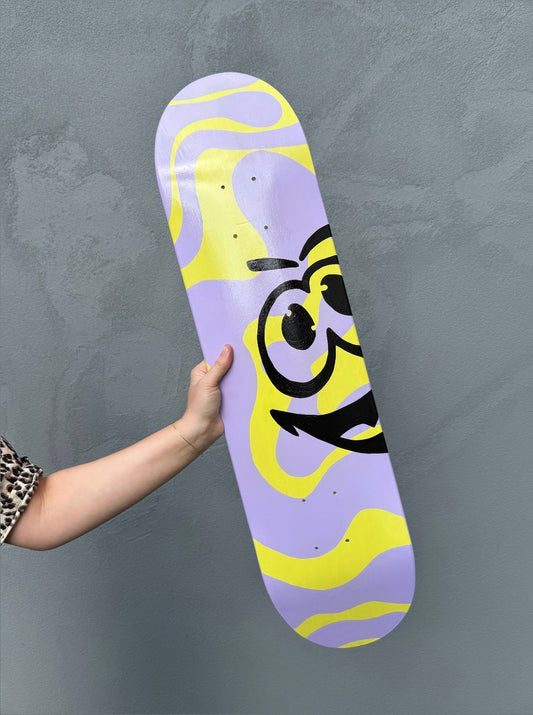 SKATEBOARD CARTOON SMILEY - Hand Painted Skate Deck, wall art or skateboard -  Hun Sauce, limited edititon