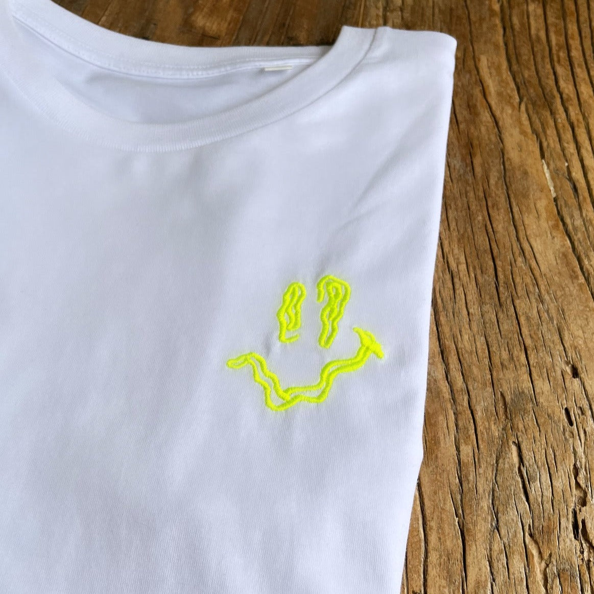 SMILEY Yellow Embroidery T-Shirt - Hun Sauce - in white - Smile Streetwear 