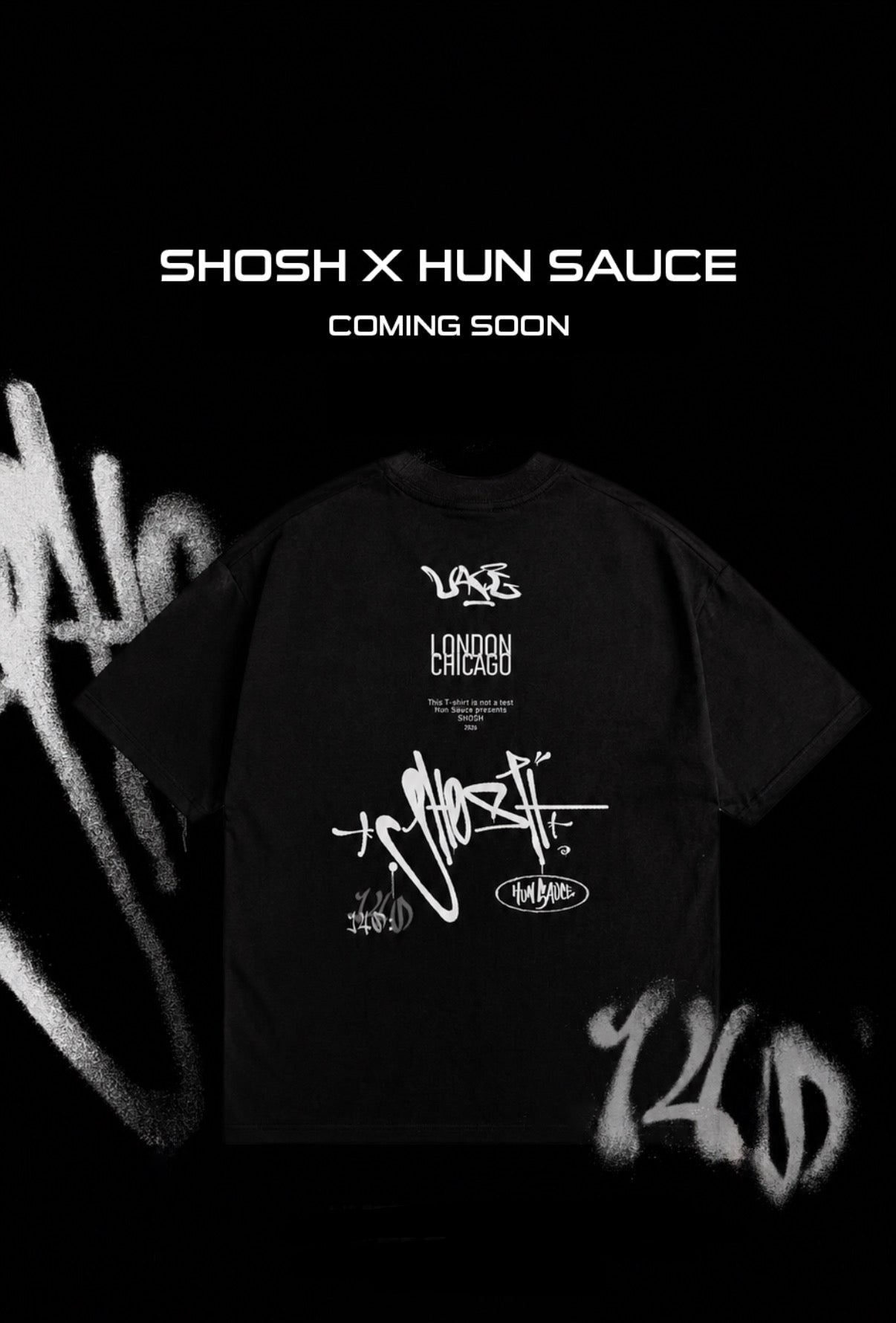 Hun Sauce collaborates with DJ SHOSH on a black heavyweight Graffiti T-Shirt, music merch. London, Chicago, 140. East London streetwear 