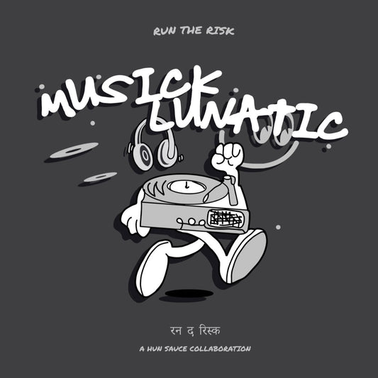 DJ MUSICLUNATIC Exclusive artwork, by Illustrator Hun Sauce. A bold and funky design, with blended vinyl graphics and nods to her Indian heritage. Music led graphics featuring a cartoon vinyl player.