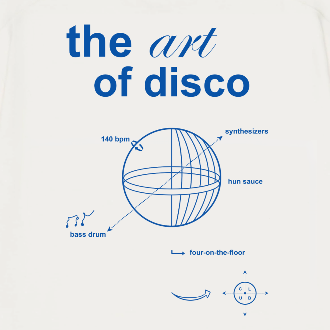close up, ART OF DISCO Heavyweight T-Shirt - A heavyweight white tee highlighting the anatomy of a disco. Featuring a bold graphic breakdown of the key components that built disco—basslines, bpm and chaos. Designed for the heads who know their four-on-the-floor from their funk section.