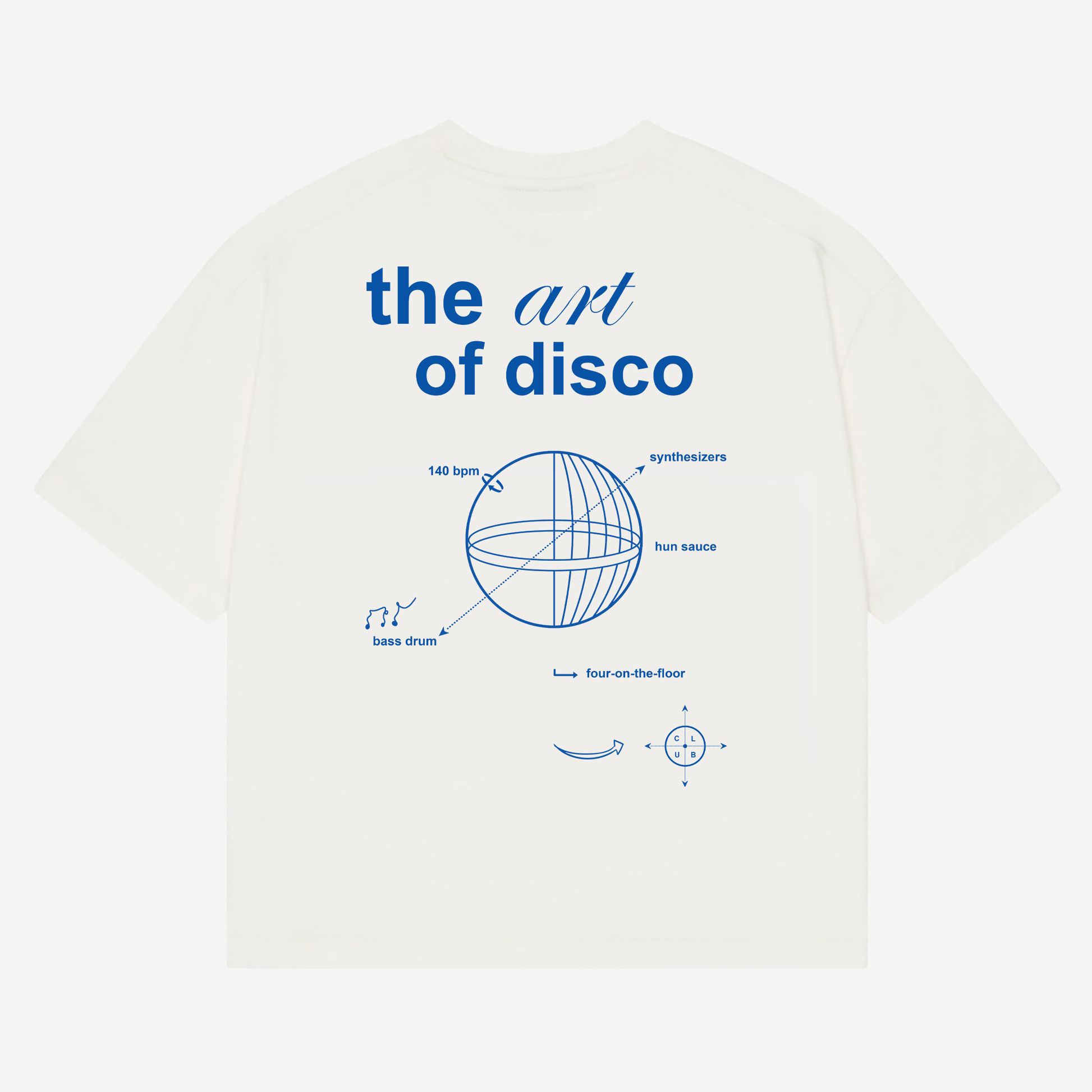 ART OF DISCO Heavyweight T-Shirt - A heavyweight white tee highlighting the anatomy of a disco. Featuring a bold graphic breakdown of the key components that built disco—basslines, bpm and chaos. Designed for the heads who know their four-on-the-floor from their funk section.