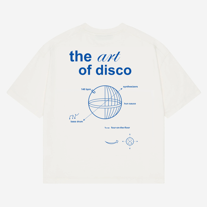 ART OF DISCO Heavyweight T-Shirt - A heavyweight white tee highlighting the anatomy of a disco. Featuring a bold graphic breakdown of the key components that built disco—basslines, bpm and chaos. Designed for the heads who know their four-on-the-floor from their funk section.