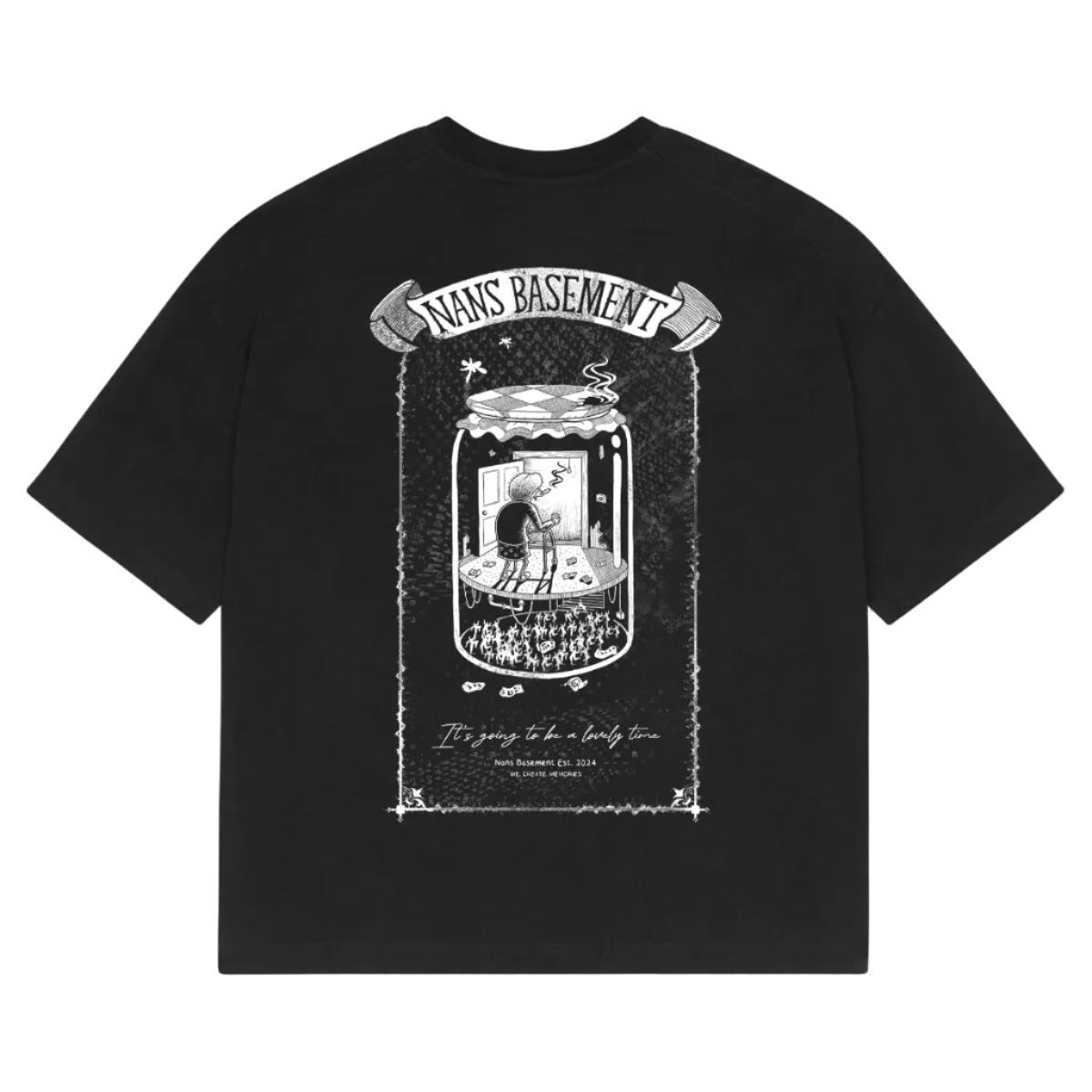 Bespoke Event Merch, by Hun Sauce. Custom event merch created for Nans Basement.