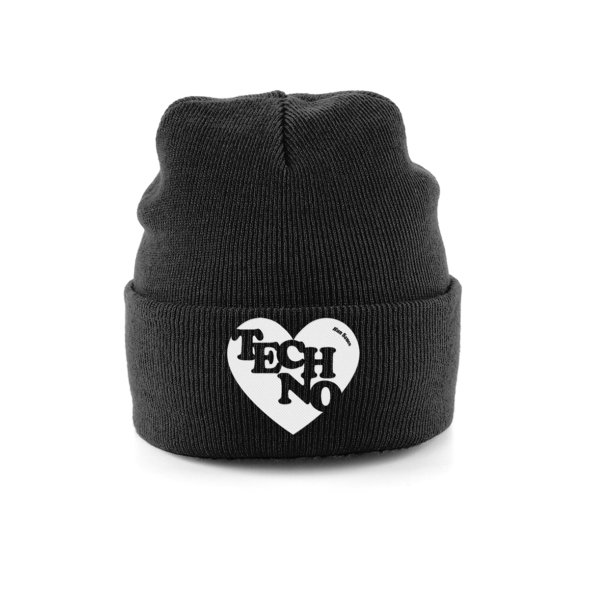 TECHNO HEART Black Embroidery Beanie, Techno Rave Festival Hat by Hun Sauce
