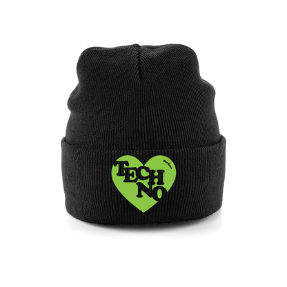 TECHNO HEART Black Embroidery Beanie, Techno Rave Festival Hat by Hun Sauce

