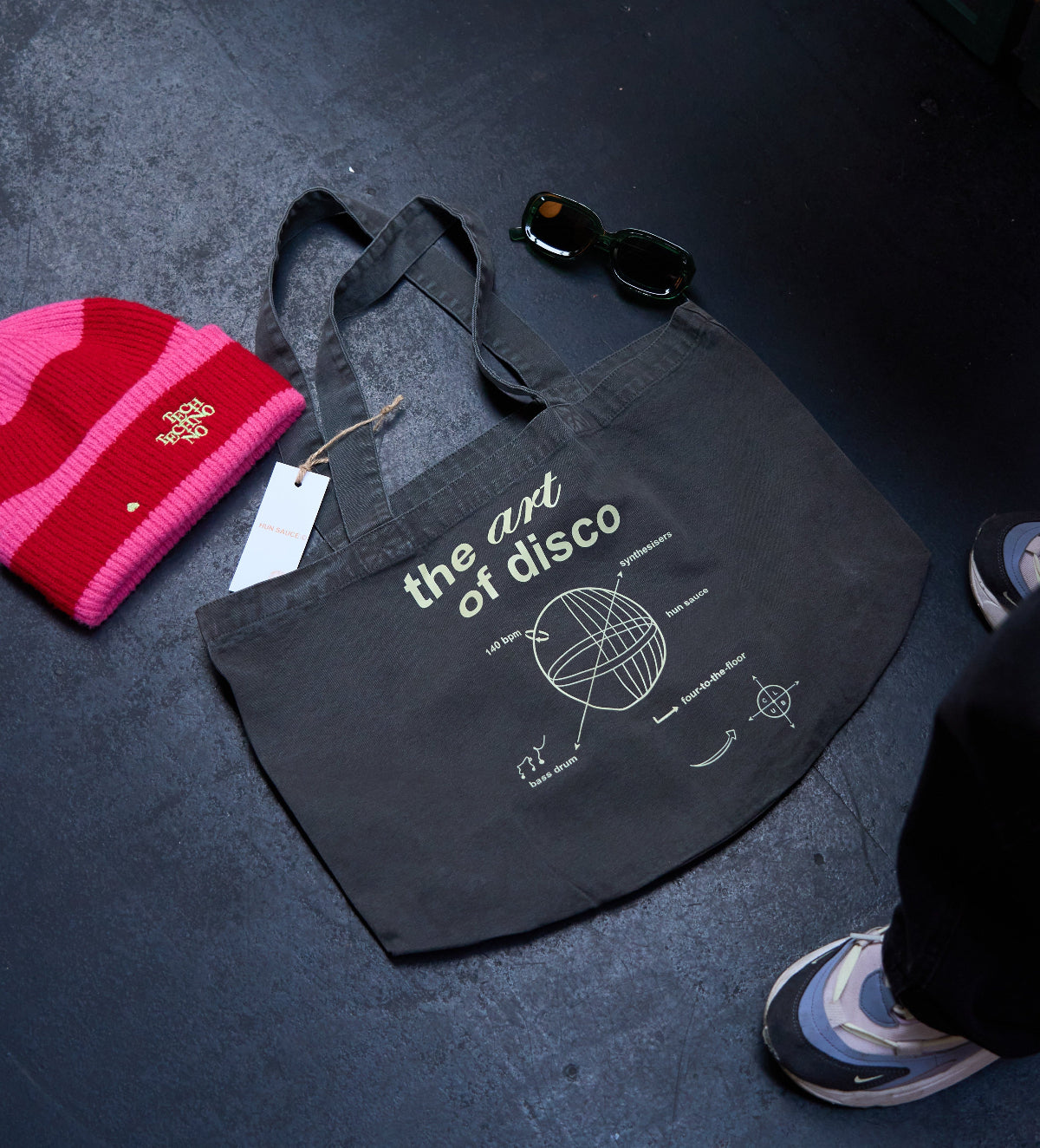 ART OF DISCO Tote Bag,Shopper Tote Bag For Vinyls, by Hun Sauce. With Techno Beanie. Now stocked at All My Friends Record Store, Hackney Wick.
