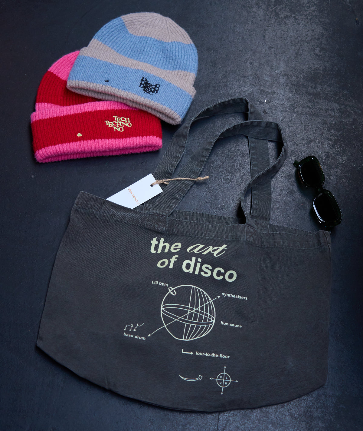 DISCO and TEHCNO HEART Beanie, Rave, Festival Cosy Unisex Hat, by Hun Sauce. With Tote Bag. Now stocked at All My Friends Record Store, Hackney Wick.