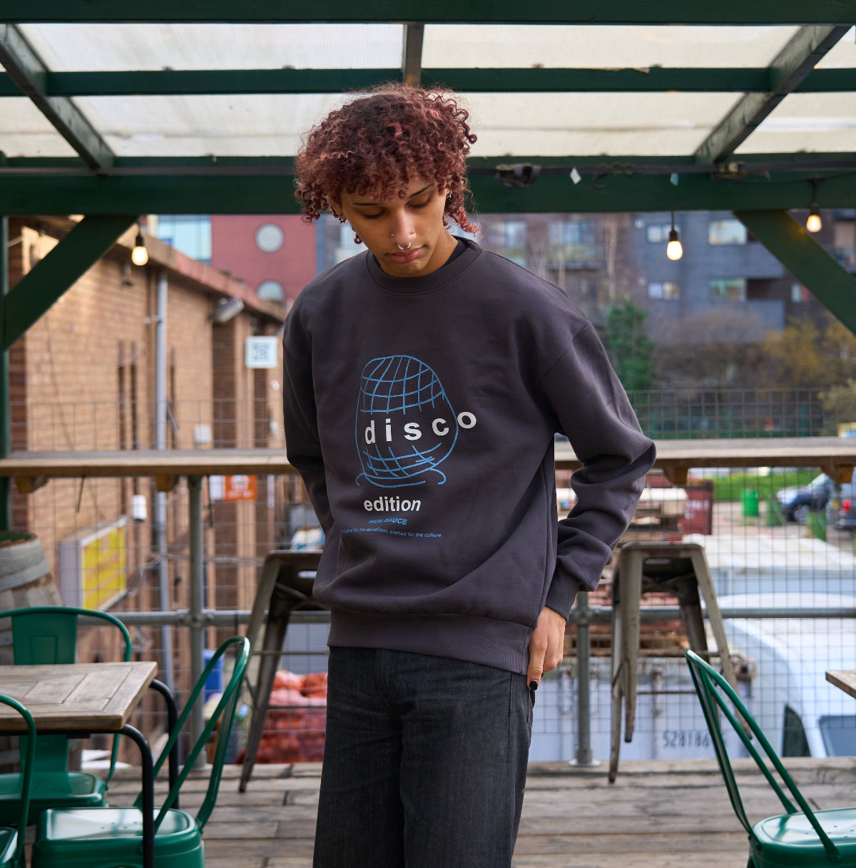 Model in DISCO ED. Heavyweight Sweater, Disco ball Graphic Sweat Streetwear by Hun Sauce. Now stocked at AMF record store in London.