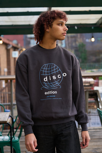 Model in DISCO ED. Heavyweight Sweater, Disco ball Graphic Sweat Streetwear by Hun Sauce. Now stocked at AMF record store in London.