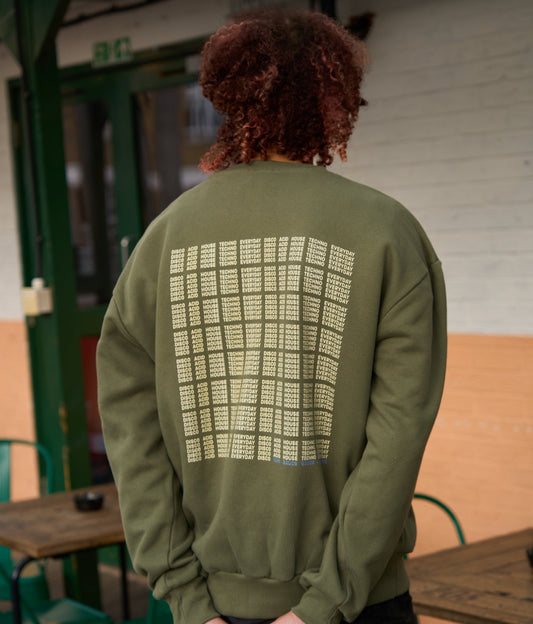 Model wears I'M NOT A DJ Heavyweight Sweater, Rave Streetwear, Graphic DJ Sweat, By Hun Sauce. Independent streetwear brand. Now stocked at a record store.