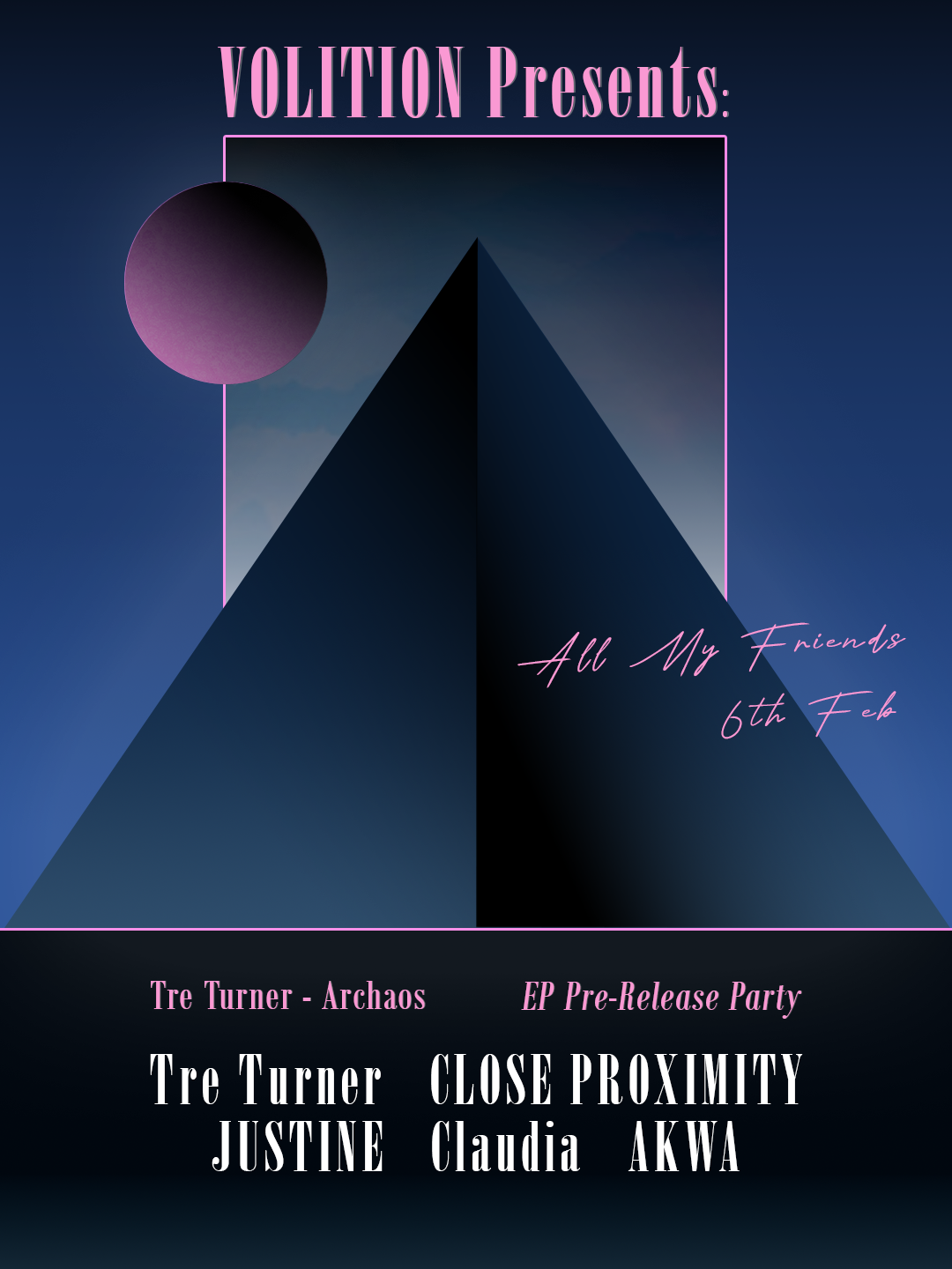 Graphics By Illustrator Hun Sauce, Scarlett Giannakou. For Volition's EP Launch Party, at All My Friends in Hackney Wick. 80s style neon geometric design.