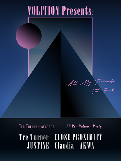 Graphics By Illustrator Hun Sauce, Scarlett Giannakou. For Volition's EP Launch Party, at All My Friends in Hackney Wick. 80s style neon geometric design.
