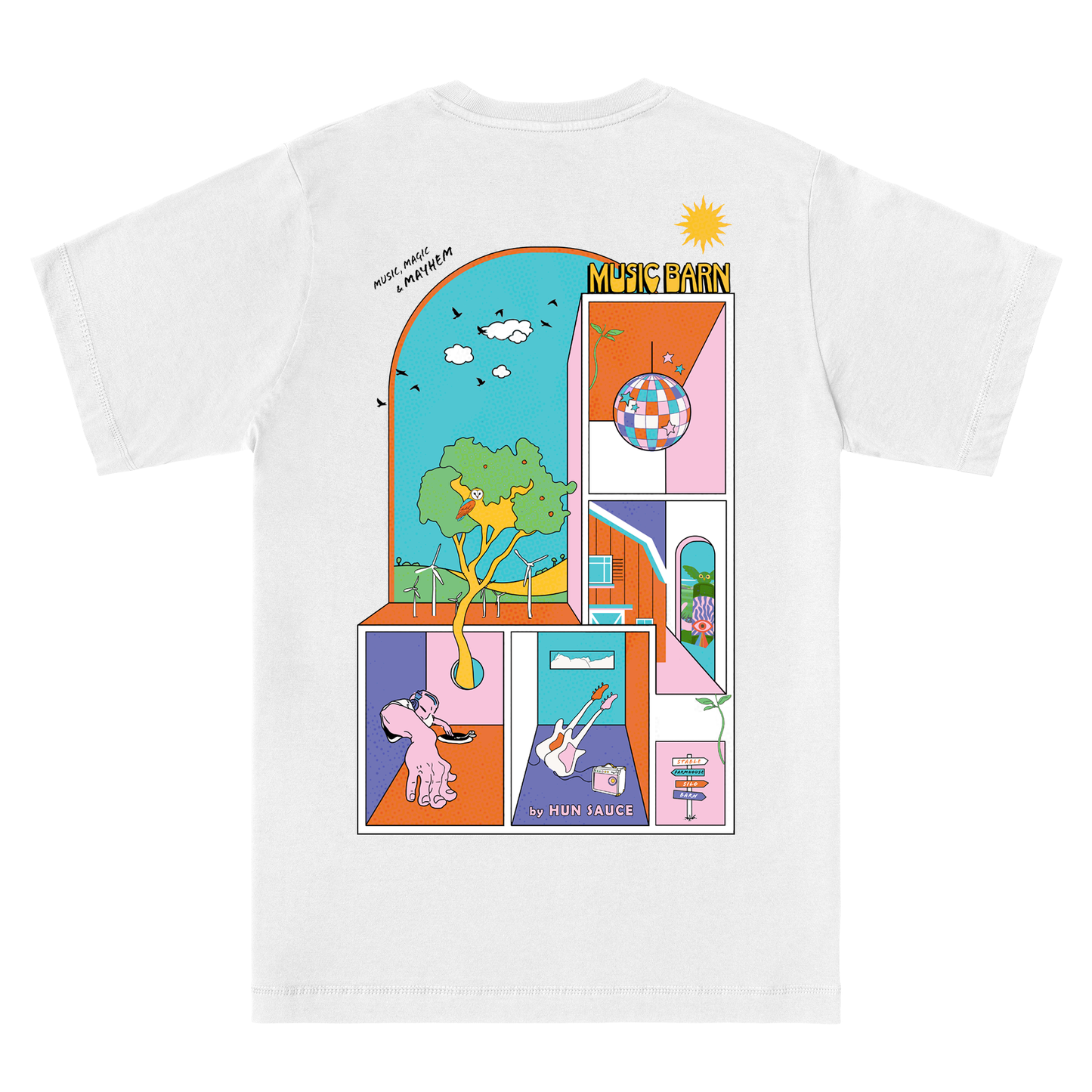 Music Barn festival offical merch for 2026 t-shirt by Hun Sauce. A streetwear piece, drawing on the farm setting, new stages and a shifting audience. Djs, guiatrs and disco balls.