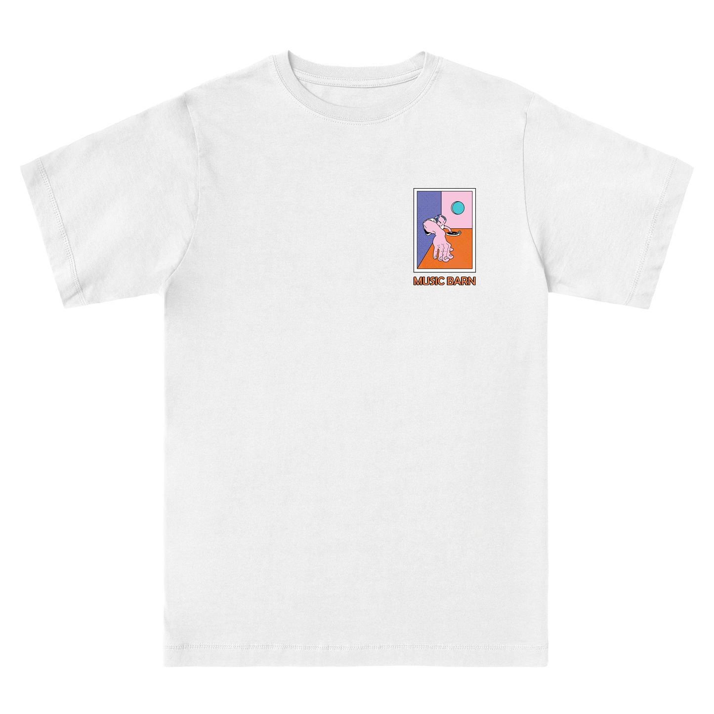 Music Barn festival offical merch for 2026 t-shirt by Hun Sauce. A streetwear piece, drawing on the farm setting, new stages and a shifting audience. Djs, guiatrs and disco balls.