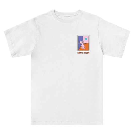 Music Barn festival offical merch for 2026 t-shirt by Hun Sauce. A streetwear piece, drawing on the farm setting, new stages and a shifting audience. Djs, guiatrs and disco balls.