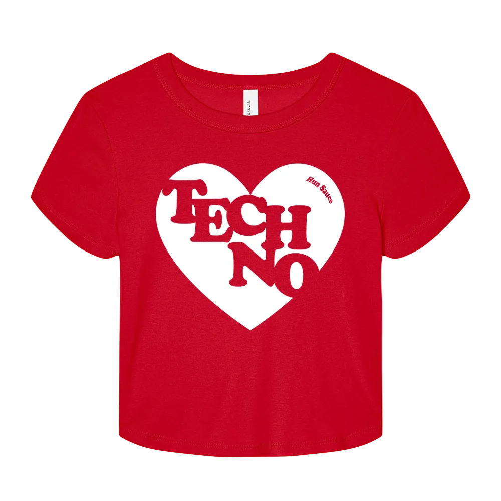 TECHNO HEART Baby Crop Top in Red and white, By Hun Sauce. For DJs Cotton. Techno fans merch