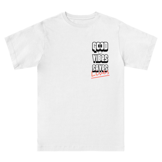GOOD VIBES graphic T-Shirt - Hun Sauce - White T-Shirt, grand theft auto vice city inspired with smiley