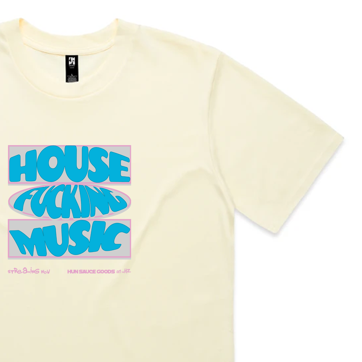 Close up HOUSE FUCKING MUSIC T-Shirt, by illustrator Hun Sauce. For the house music fans. UK HOUSE. Pale yellow t-shirt.