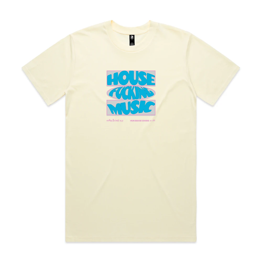 HOUSE FUCKING MUSIC T-Shirt, by illustrator Hun Sauce. For the house music fans. UK HOUSE. Pale yellow t-shirt.