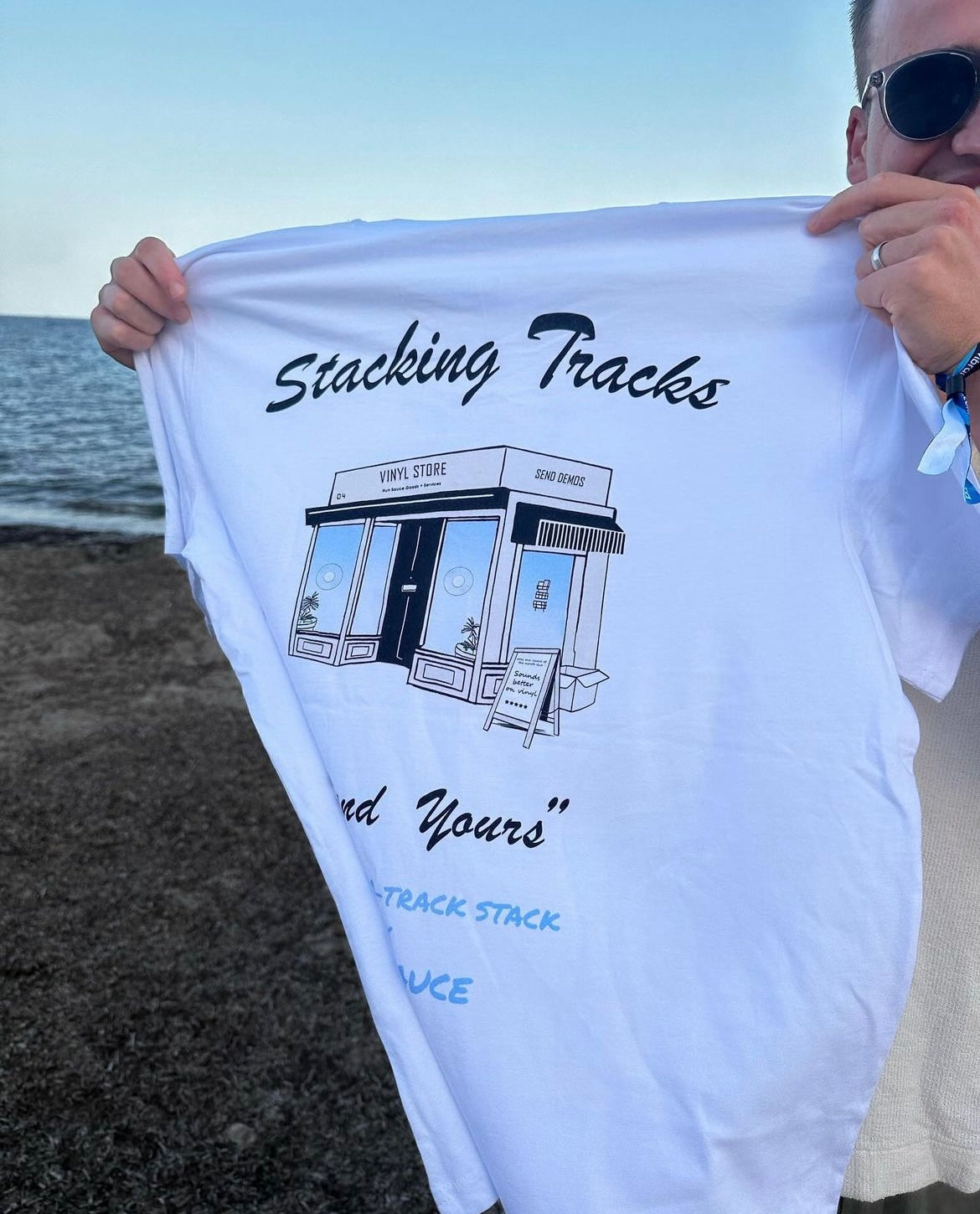 VINYL STORE White T-Shirt, Trackstack x Hun Sauce