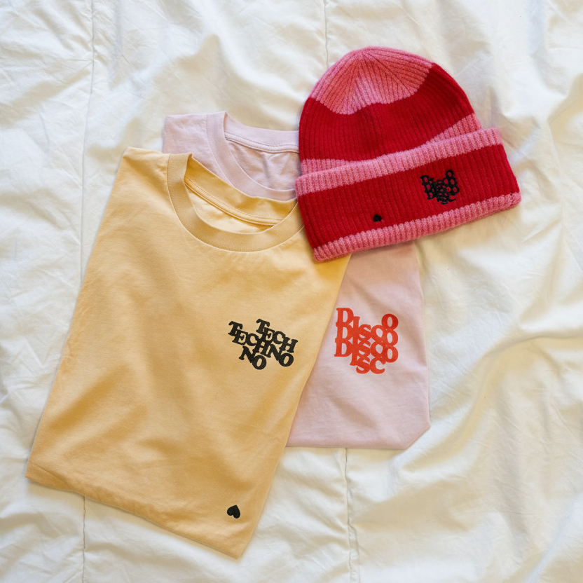 DISCO HEART Beanie, with Techno and disco t-shirts. Disco Fans, Festival Cosy Unisex Hat by Hun Sauce