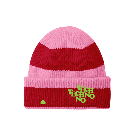 TECHNO HEART Beanie, Rave, Festival Cosy Unisex Hat, by Hun Sauce. pink and red with green stitching. Now stocked at All My Friends Record Store, Hackney Wick.